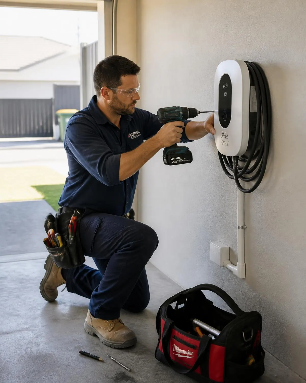 Licensed Perth electrician mounting a wall EV charger in a modern Australian garage