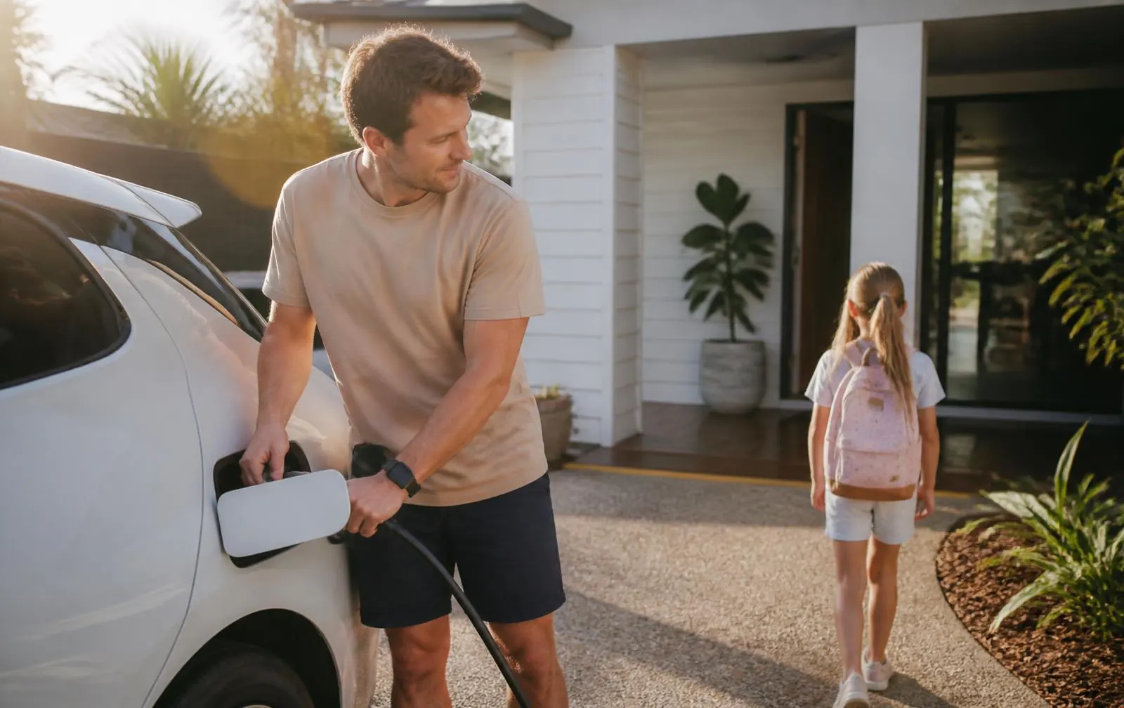 Family arriving home in the afternoon and plugging in their electric car in Perth