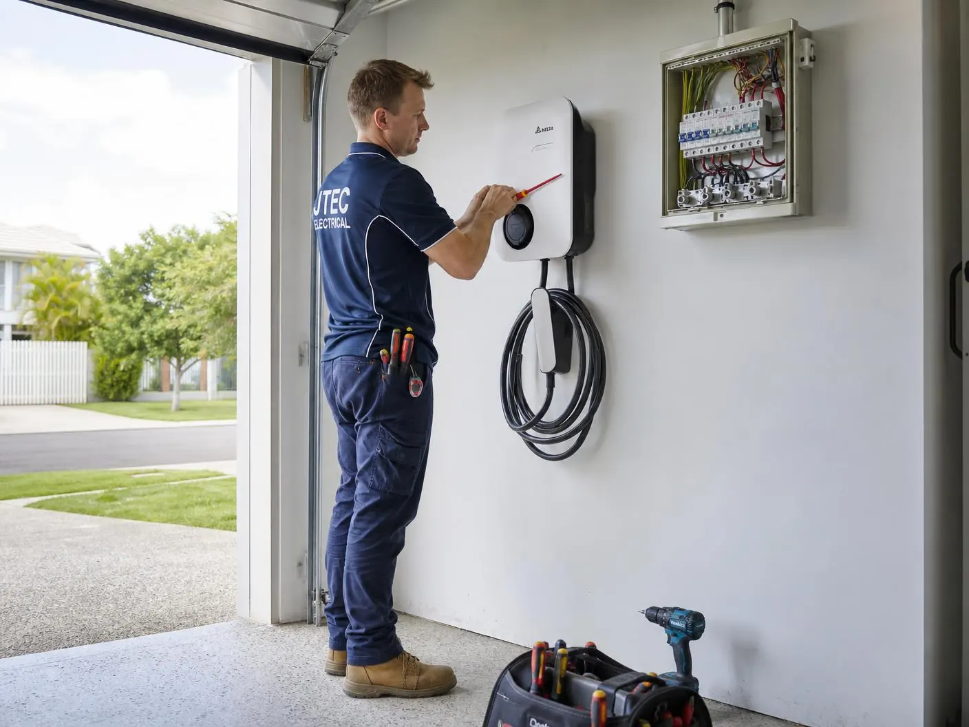Licensed electrician installing a wall-mounted EV charger in a Perth home garage